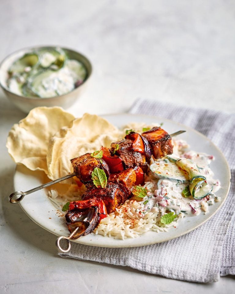 Tandoori paneer skewers with yogurt cucumber salad