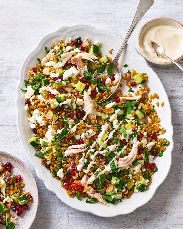 Freekeh, chicken and pomegranate salad