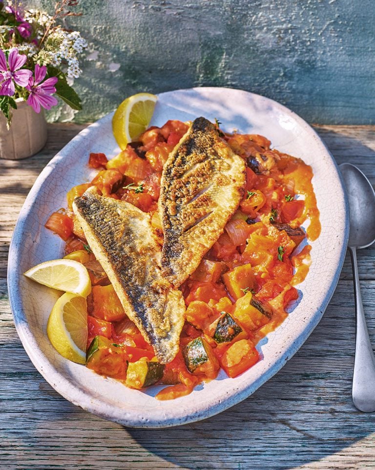 Raymond Blanc’s pan-fried sea bream with ratatouille and tomato coulis