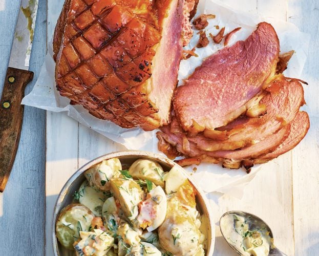 Treacle-glazed ham with potato and egg salad