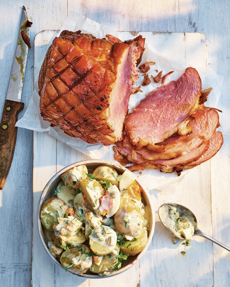 Treacle-glazed ham with potato and egg salad