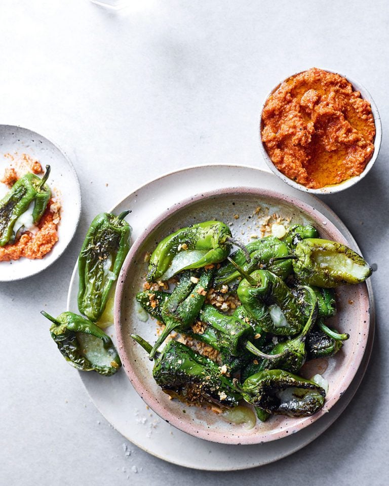 Manchego-stuffed padrón peppers with romesco dip