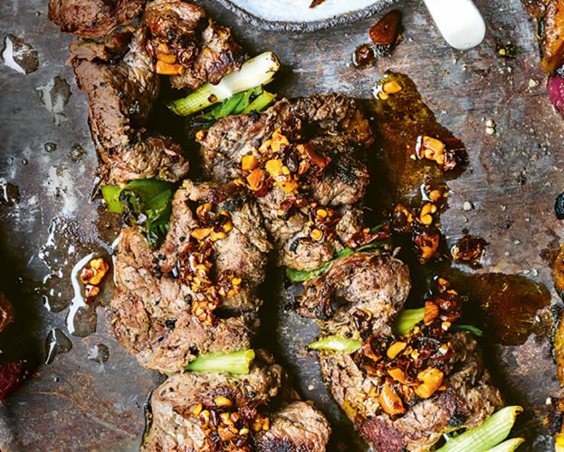 Steak kebabs with spring onion and ginger