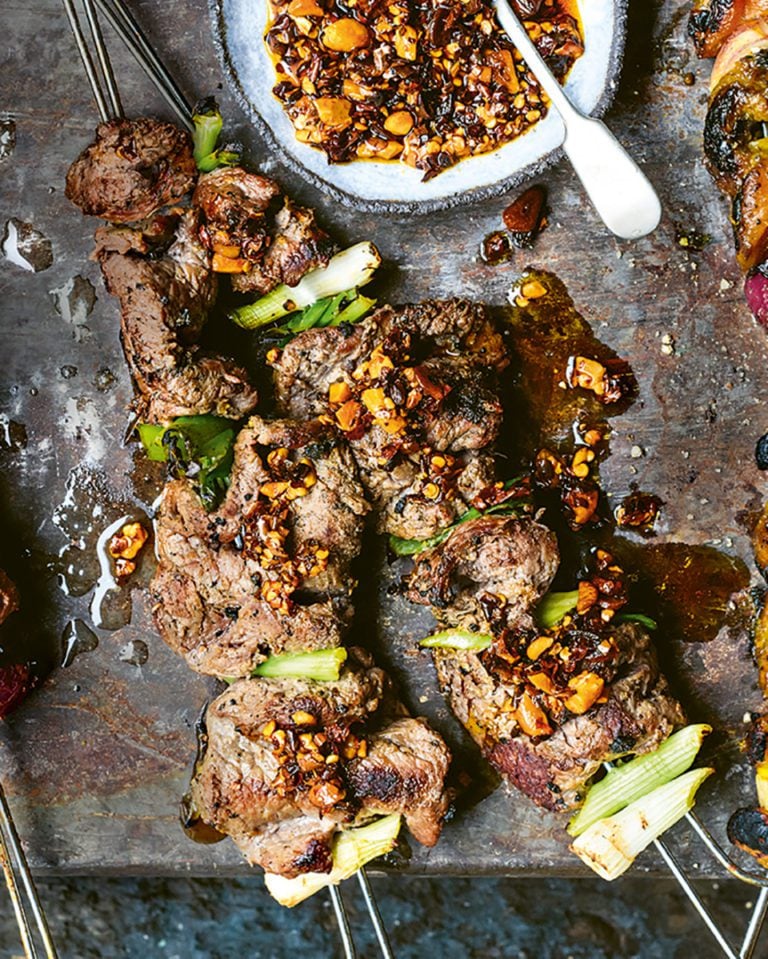 Steak kebabs with spring onion and ginger