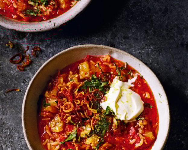 Burnt aubergine soup with rice and herbs