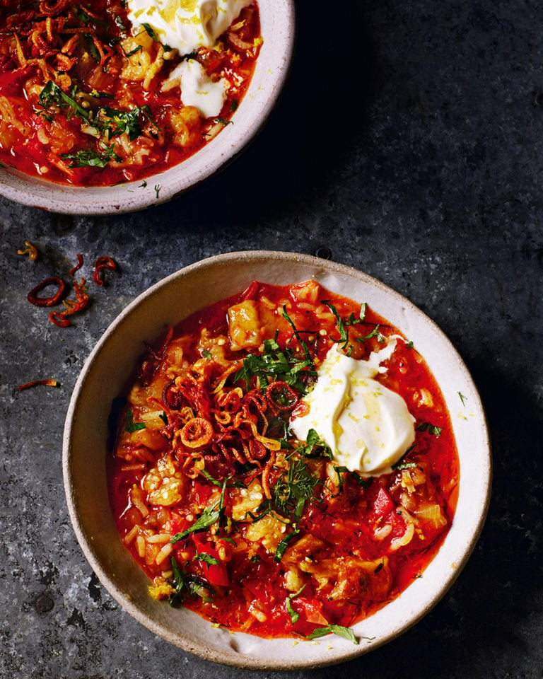 Burnt aubergine soup with rice and herbs