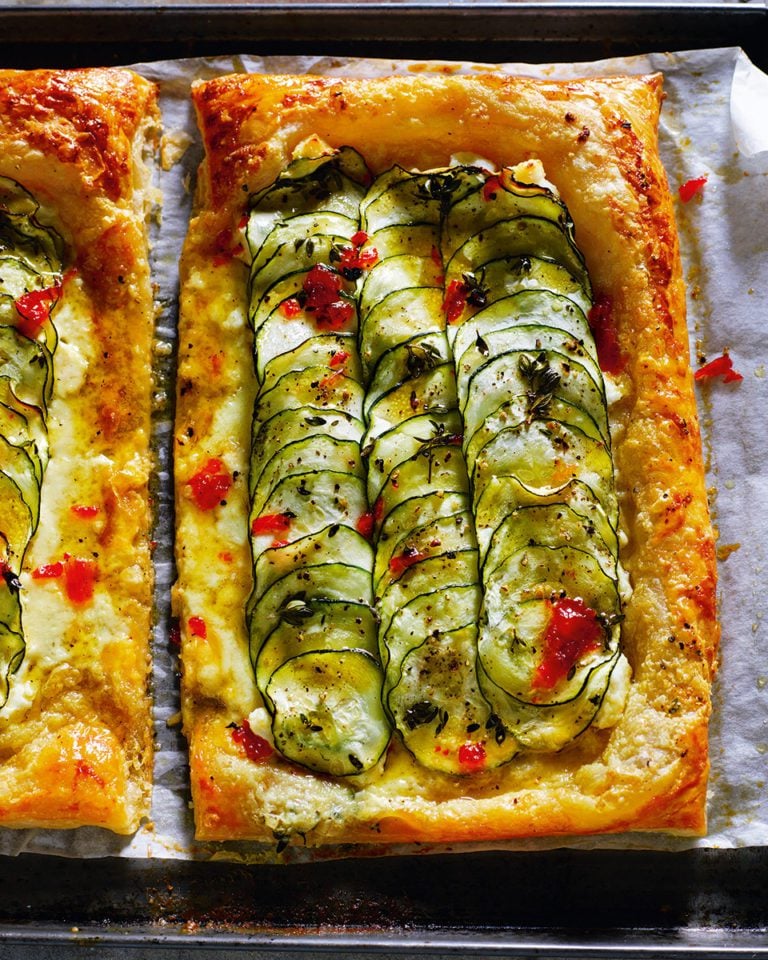 Courgette galette with manouri cheese and chilli-honey dressing