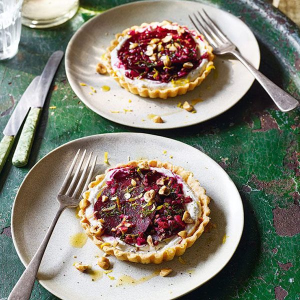 Goat’s cheese, beetroot and hazelnut tarts