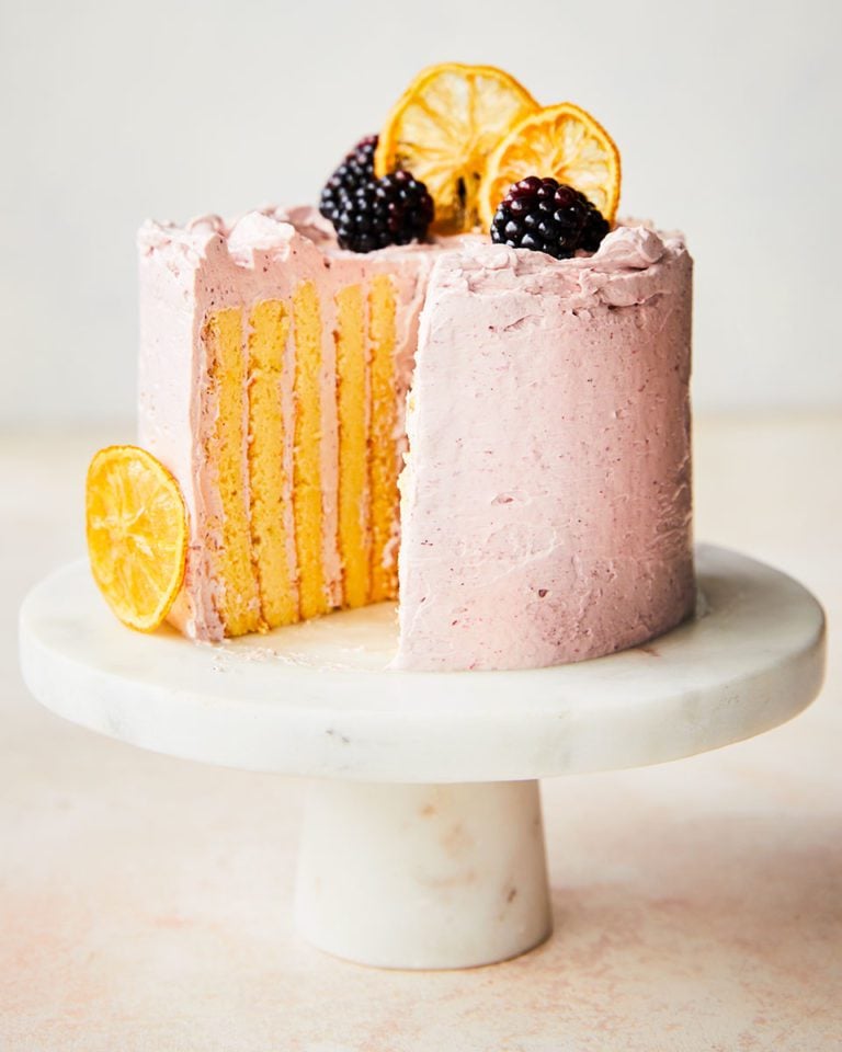 Lemon and blackberry stripe cake