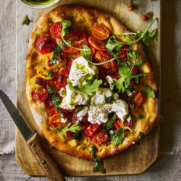 Tomato and burrata pizzas