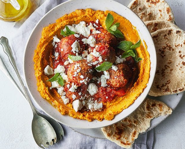 Lamb and bulgur wheat meatballs with carrot houmous and feta