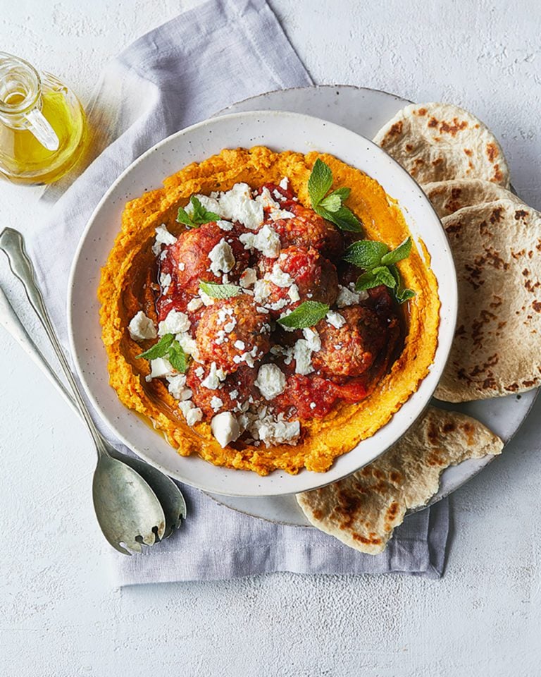 Lamb and bulgur wheat meatballs with carrot houmous and feta