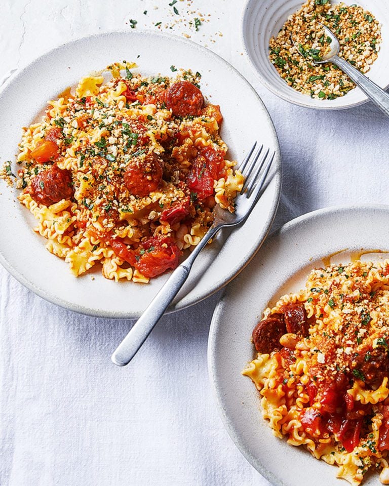 Chorizo pasta with pangrattato