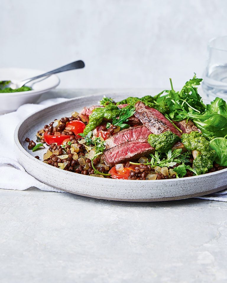 Steak and lentil salad with rocket salsa verde