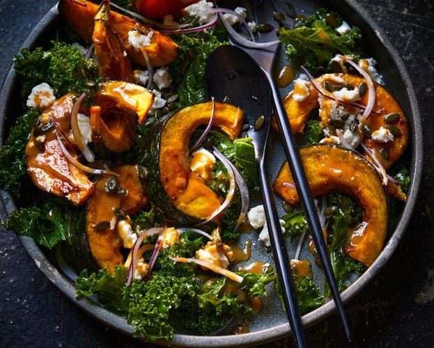 Pumpkin with miso, kale and feta