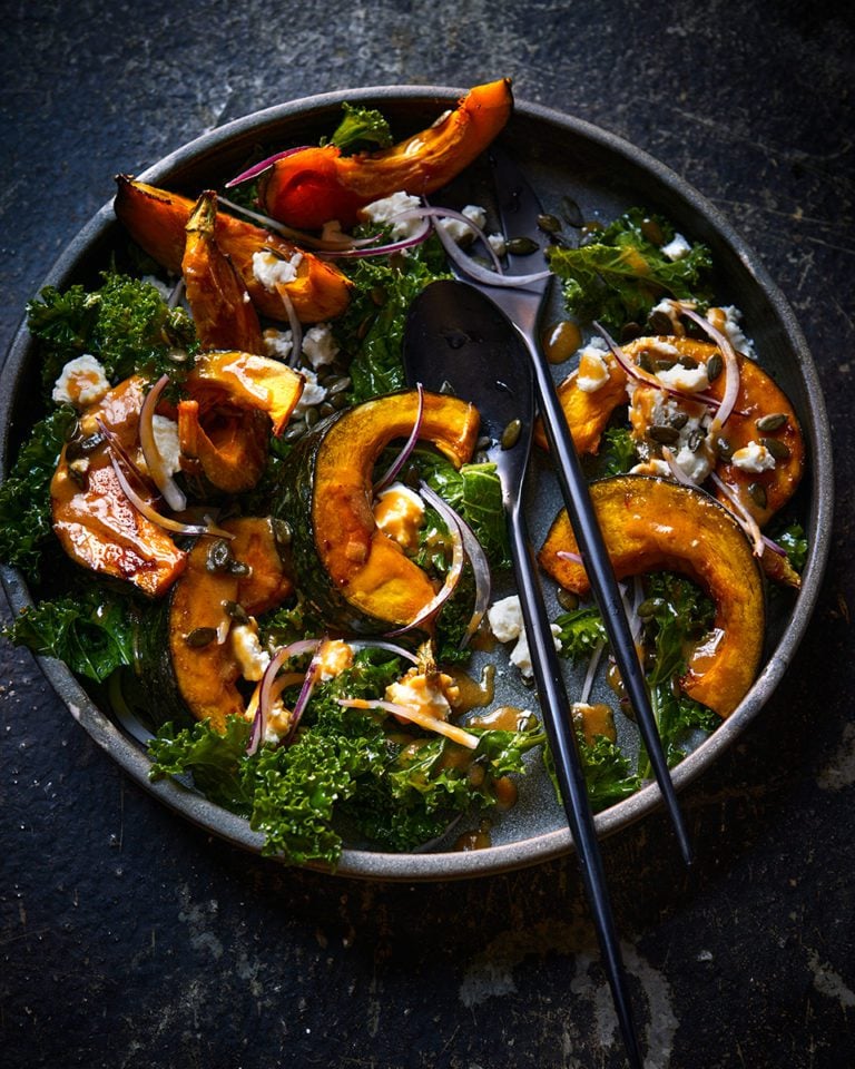 Pumpkin with miso, kale and feta