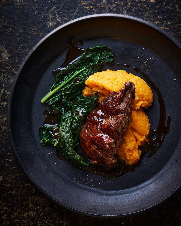 Venison with pumpkin mash and cavolo nero