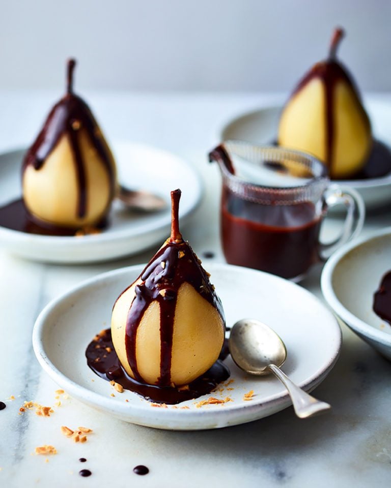 Michel Roux Jr’s poached pears with chocolate almond sauce