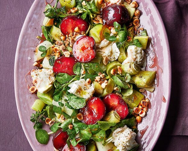 Mozzarella, plum and burnt leek salad