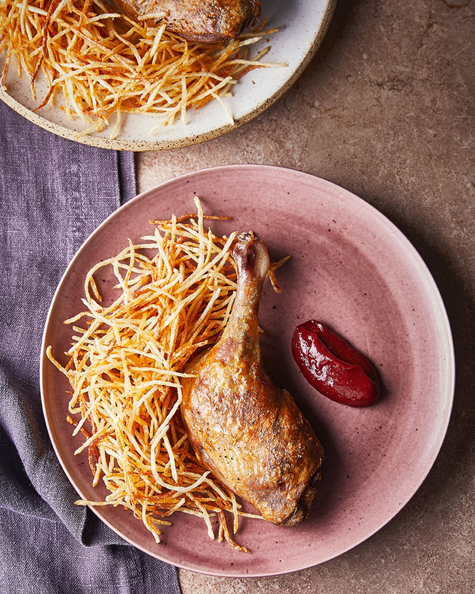 Confit Duck Leg With Shoestring Fries And Plum Ketchup confit-duck-leg-with-shoestring-fries-and-plum-ketchup