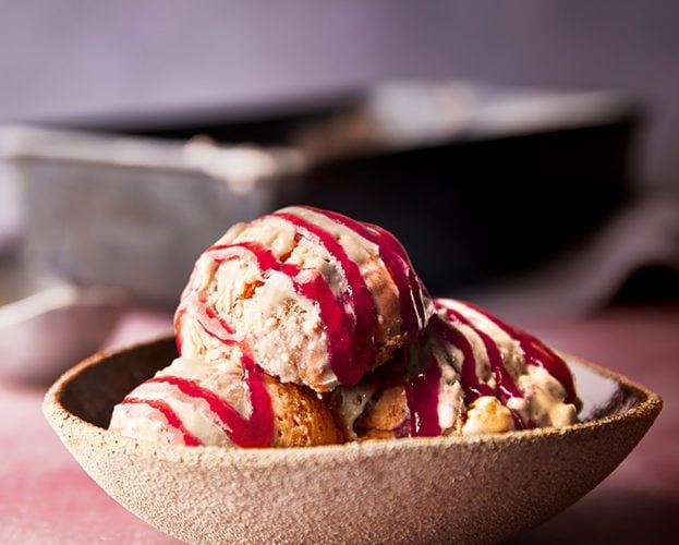 Plum ripple ice cream with walnuts