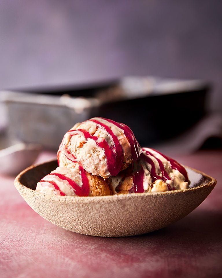 Plum ripple ice cream with walnuts