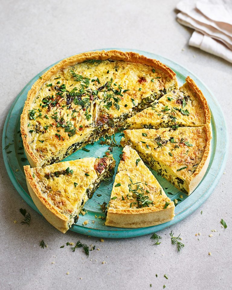 Herb and leaf quiche with mashed potato pastry