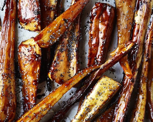 Marmite parsnips with poppy seeds