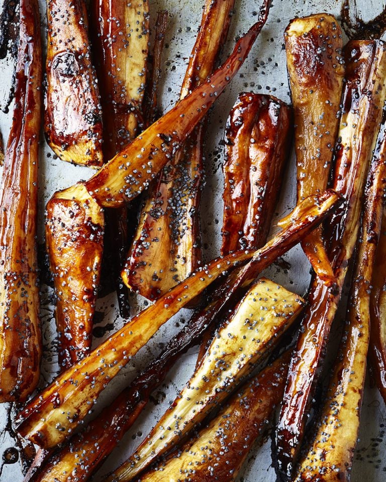 Marmite parsnips with poppy seeds