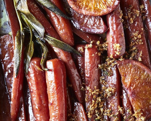 Mulled wine carrots with crispy sage breadcrumbs