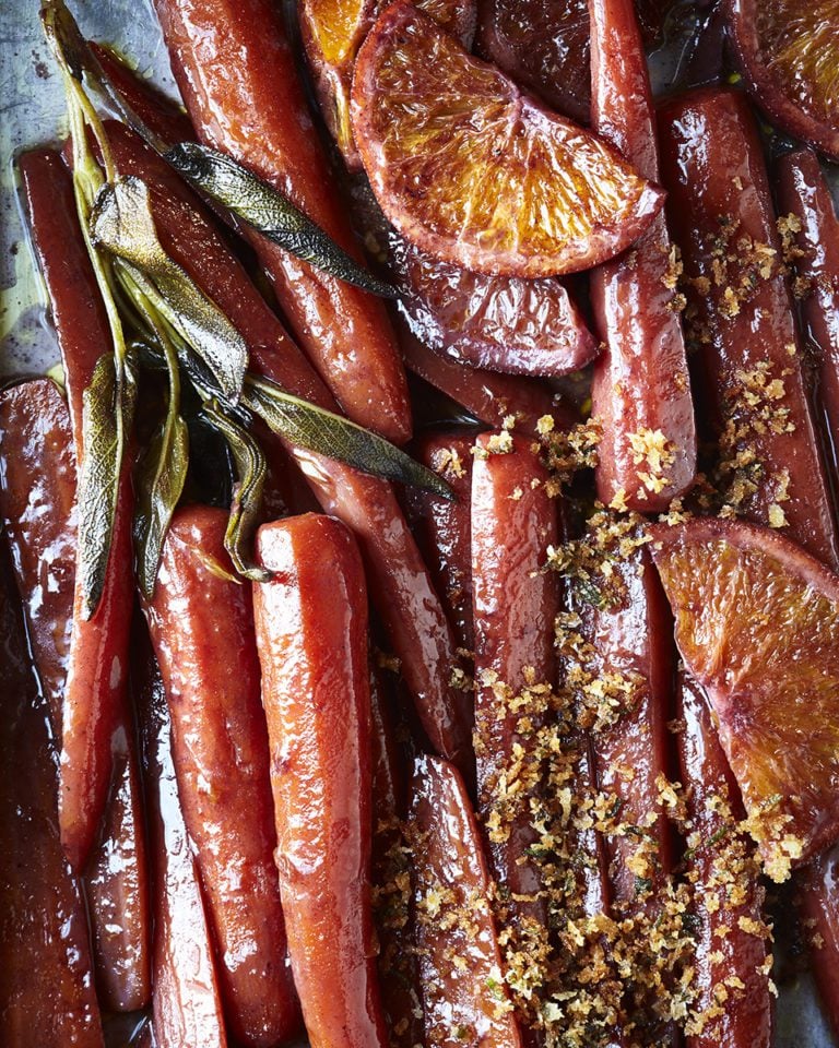 Mulled wine carrots with crispy sage breadcrumbs