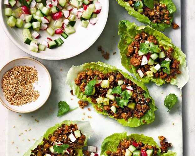 Sticky pork and pickle lettuce wraps