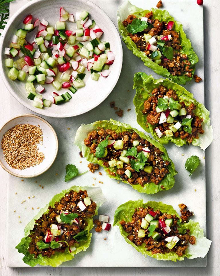 Sticky pork and pickle lettuce wraps