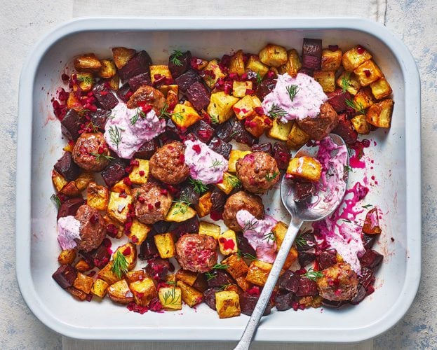 Beetroot and beef meatball traybake