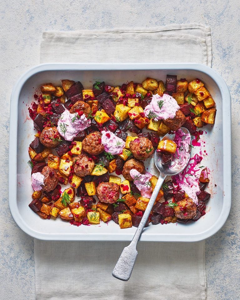 Beetroot and beef meatball traybake