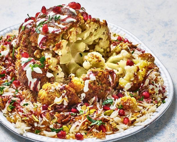 Tahini and honey-roast cauliflower with jewelled pilau rice