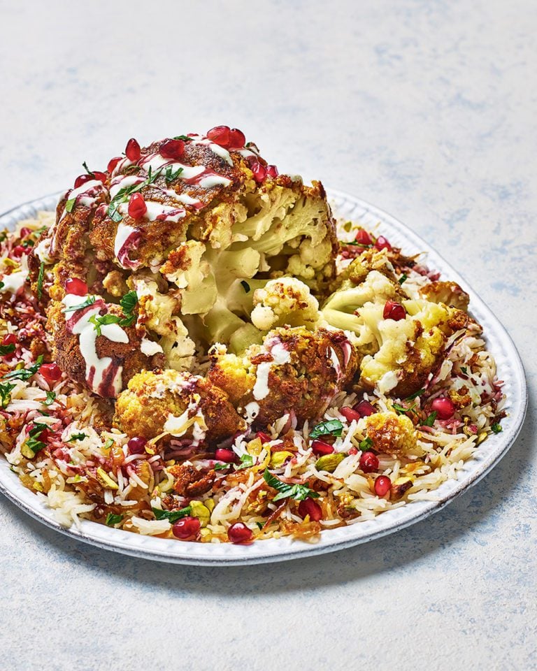 Tahini and honey-roast cauliflower with jewelled pilau rice