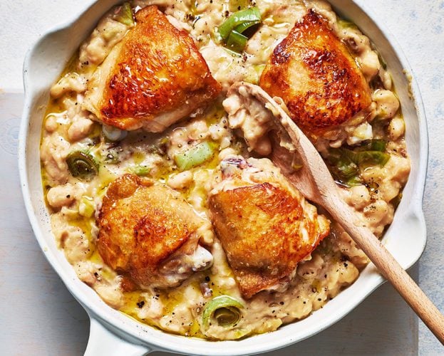 Creamy truffle chicken, leek and bean one-pot