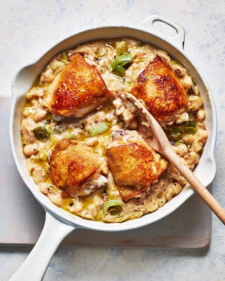 Creamy truffle chicken, leek and bean one-pot