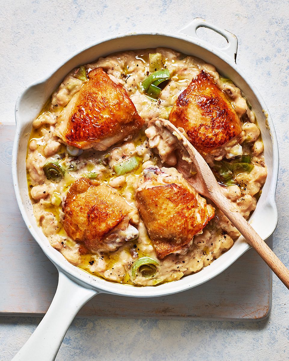 Creamy truffle chicken, leek and bean onepot