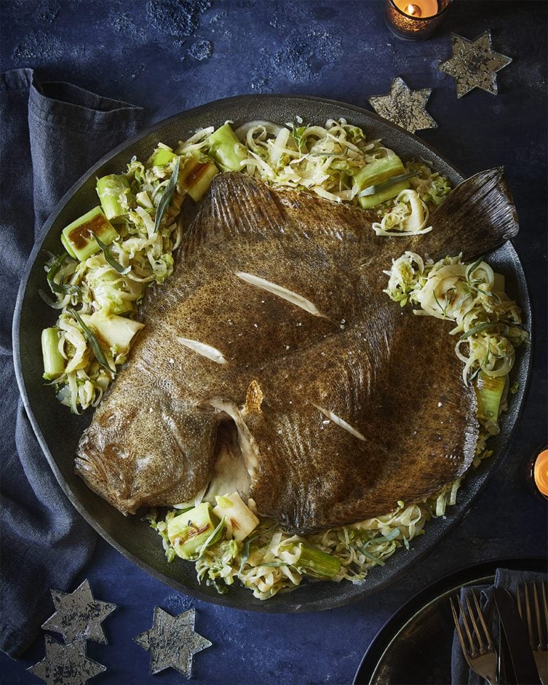 Roast turbot with leeks, tarragon and riesling