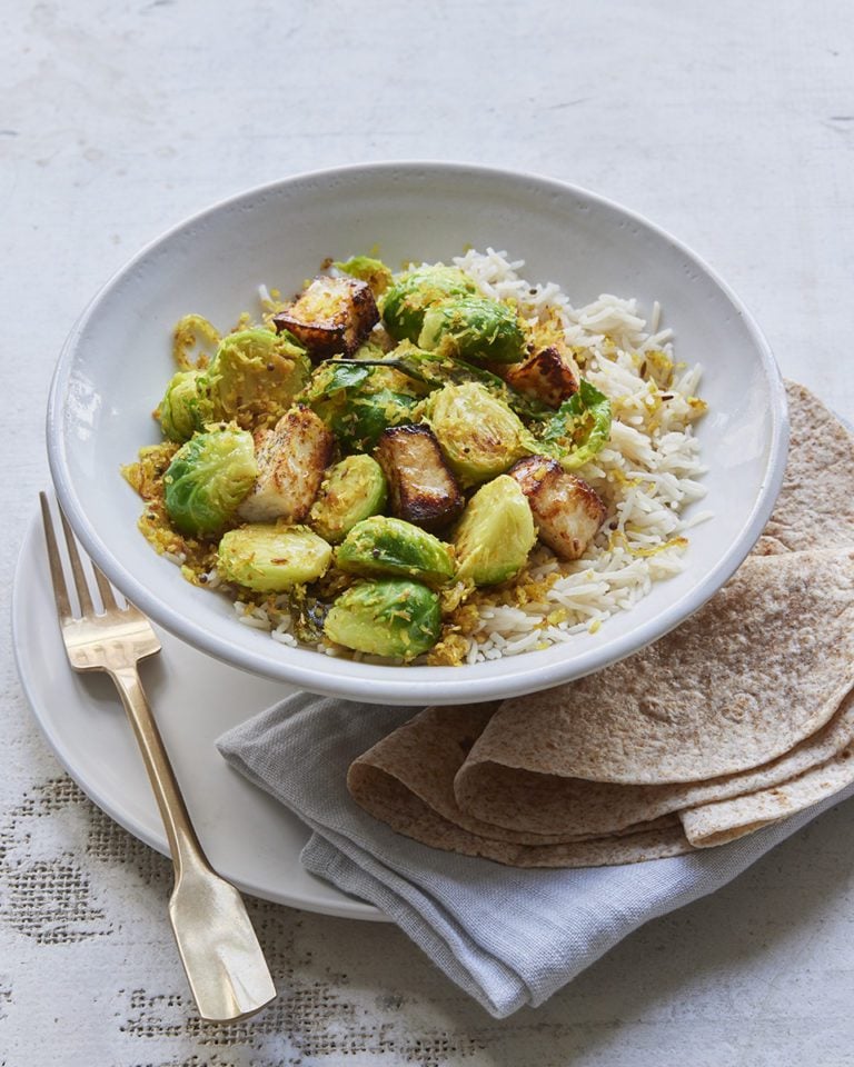 Brussels sprout stir-fry with paneer and coconut