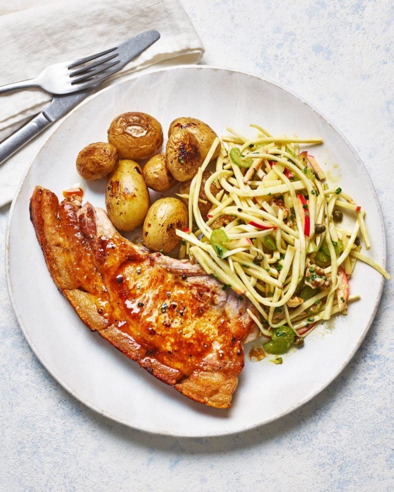 Pork chops and new potatoes with ‘Waldorf’ remoulade