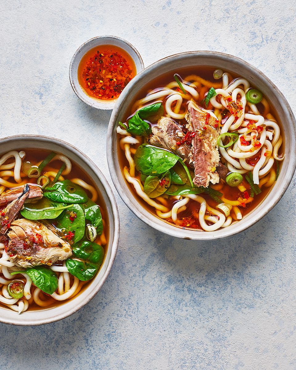 Mackerel and udon miso soup with crispychilli oil