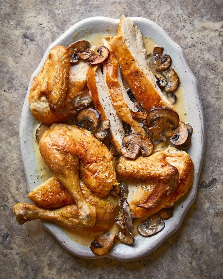 Roast chicken with comté mushroom sauce