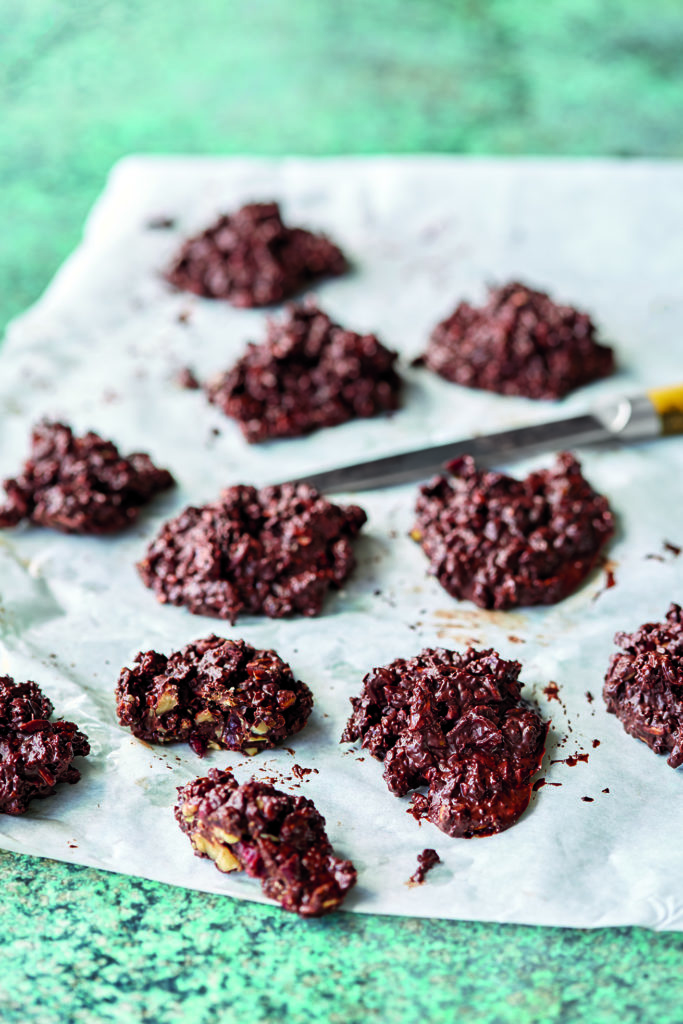 Dark chocolate clusters with walnuts, cranberries and seeds