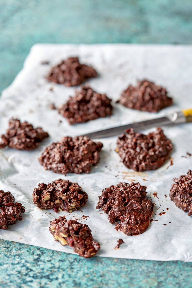 Dark chocolate clusters with walnuts, cranberries and seeds