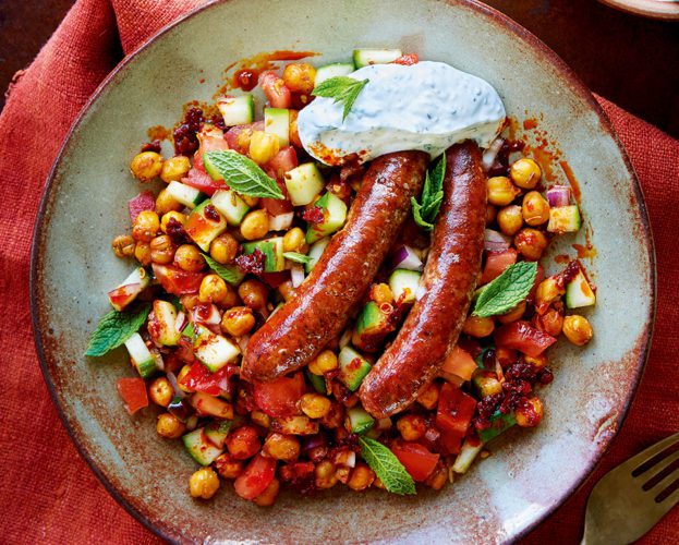 Merguez sausages with crispy chickpeas and preserved lemon yogurt
