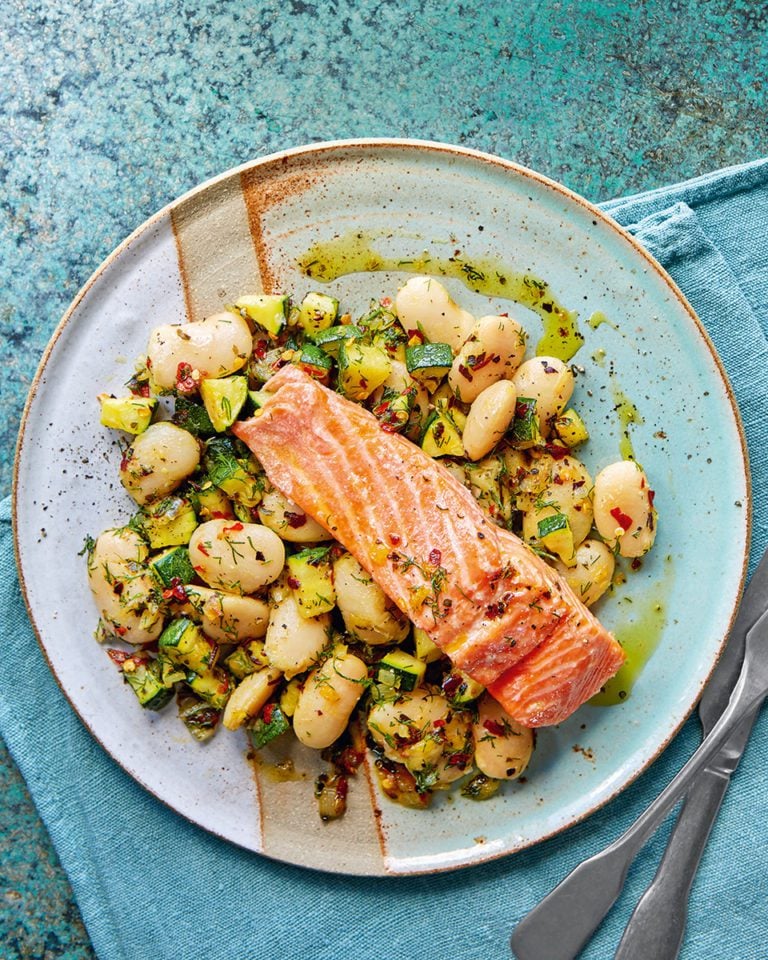 Roast trout with butterbeans, courgettes and seaweed