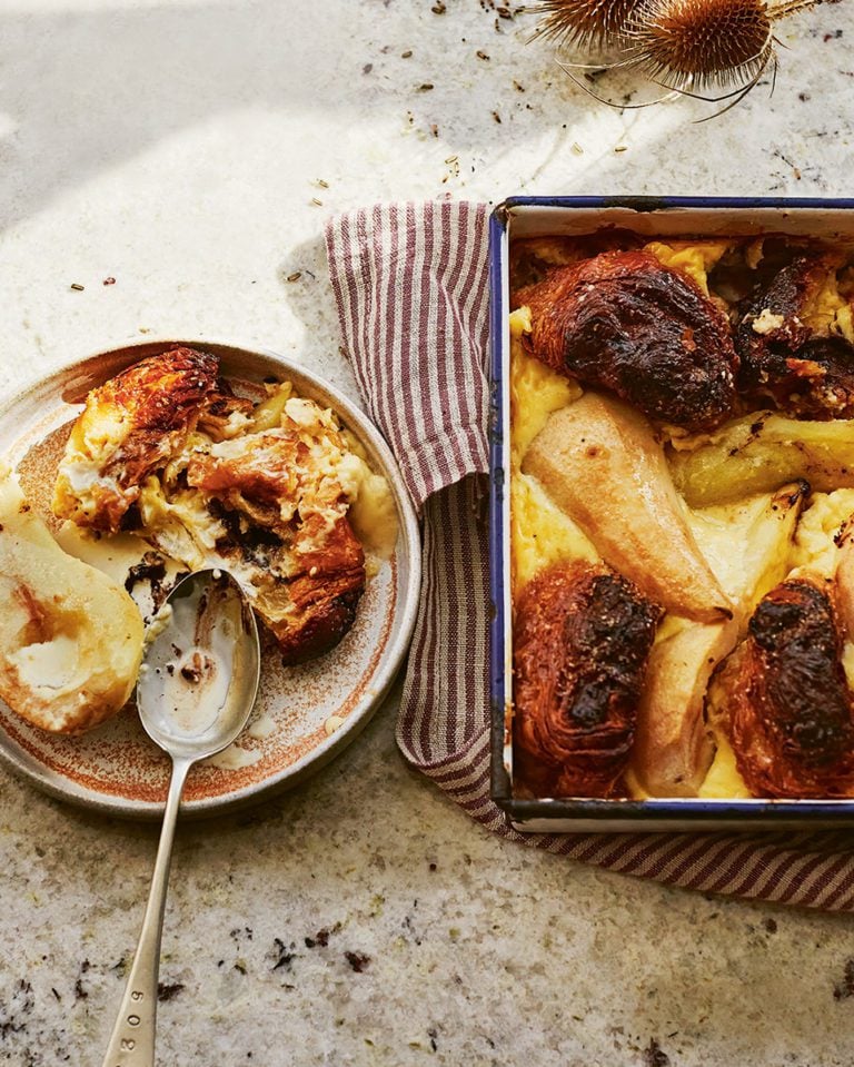 Pain au chocolat pudding with pears and peanut butter
